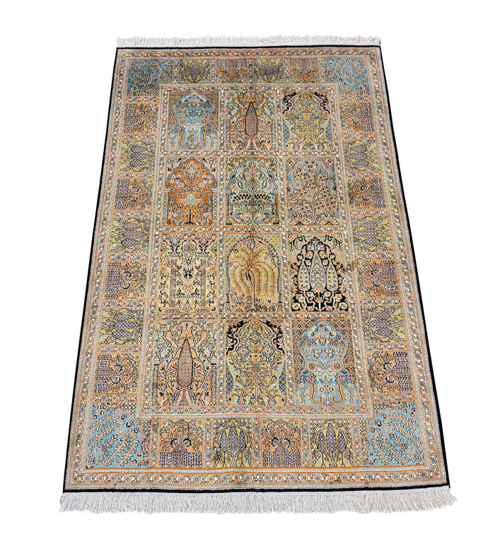 Hand knotted Kashmir pure silk pile rug, 190x125cm | Rug# 32050