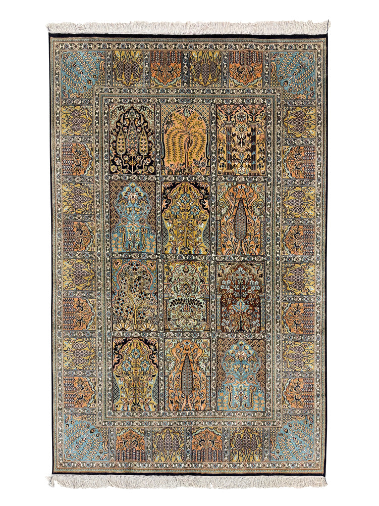 Hand-Knotted Kashmir Silk Carpet – Panel Garden Design 188x121cm | Rug# 32051