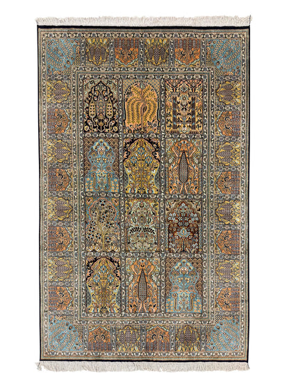 Hand-Knotted Kashmir Silk Carpet – Panel Garden Design 188x121cm | Rug# 32051