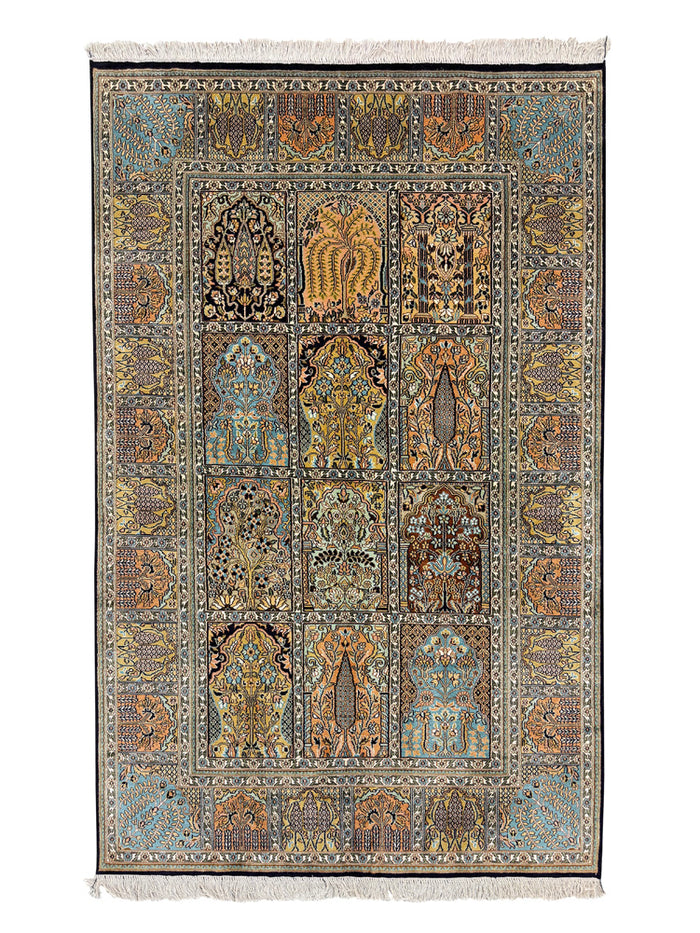 Hand-Knotted Kashmir Silk Carpet – Panel Garden Design 188x121cm | Rug# 32051