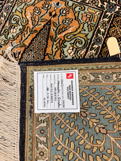Hand-Knotted Kashmir Silk Carpet – Panel Garden Design 188x121cm | Rug# 32051