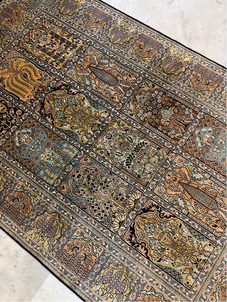 Hand-Knotted Kashmir Silk Carpet – Panel Garden Design 188x121cm | Rug# 32051