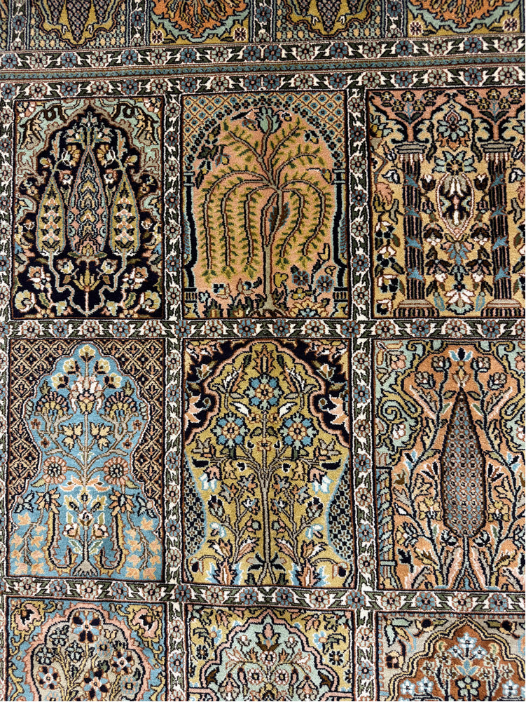 Hand-Knotted Kashmir Silk Carpet – Panel Garden Design 188x121cm | Rug# 32051