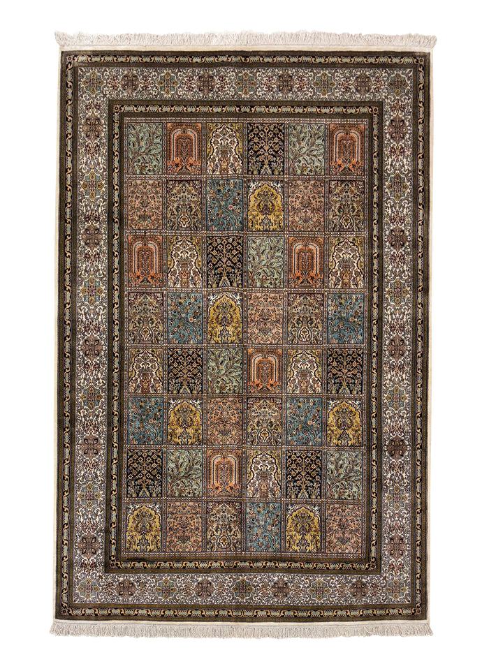 Hand knotted Kashmir pure silk pile rug, 250x166cm | Rug# 32057