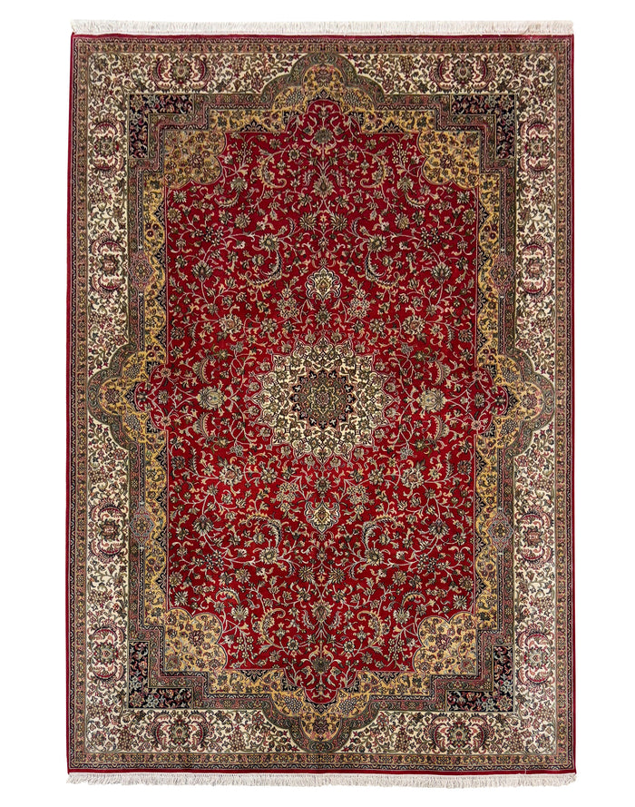 Hand knotted Kashmir pure silk pile rug, 277x187cm | Rug# 32059
