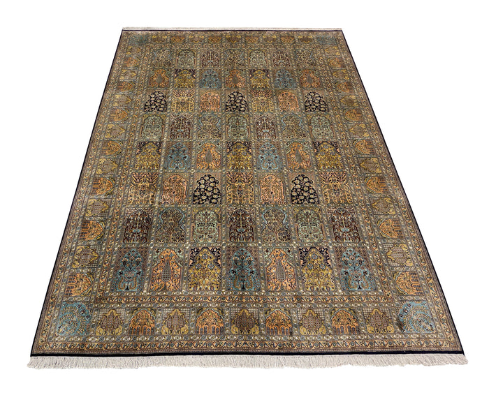 Hand knotted Kashmir pure silk pile rug, 316x221cm | Rug# 32061