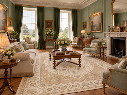 A classic, elegant living room featuring a large beige and cream patterned area rug, a cream fringed sofa, green drapes, and a central wooden coffee table.