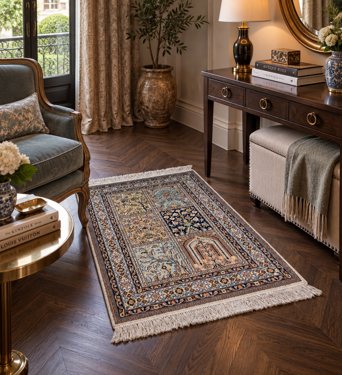 Kashmir Silk Safavid Garden Rug 95x63 cm | Rug# 32152