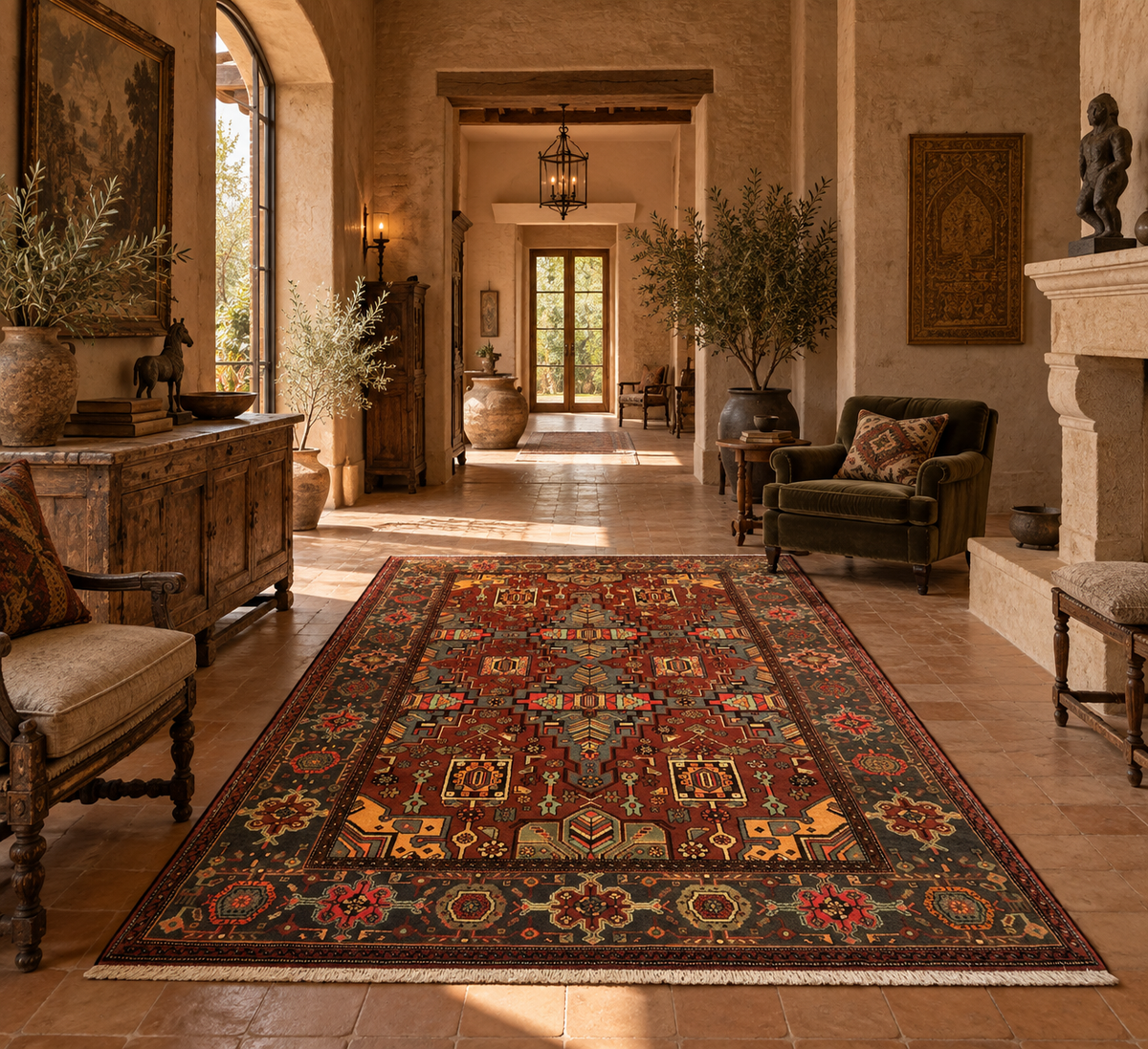 A long rectangular area rug with an intricate traditional medallion pattern in red, blue, green, beige, and gold tones, displayed on a terracotta tile floor in a warm, rustic, sunlit living room.