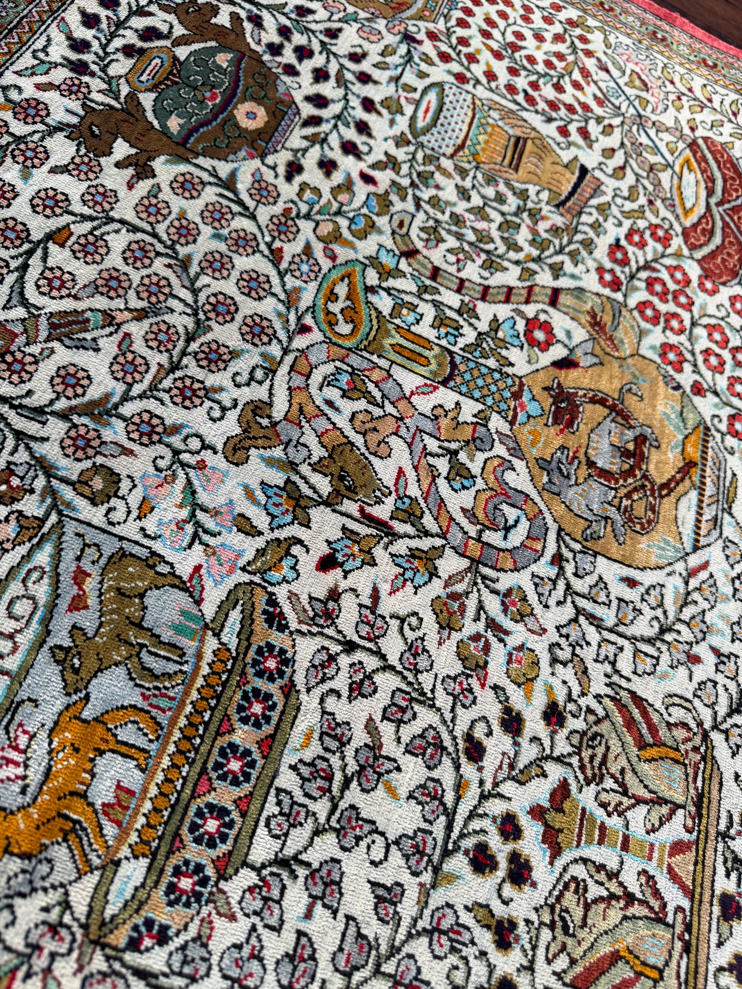 Superfine pure silk Qum pictorial rug, circa 1980, 76x60cm | Rug# 6417