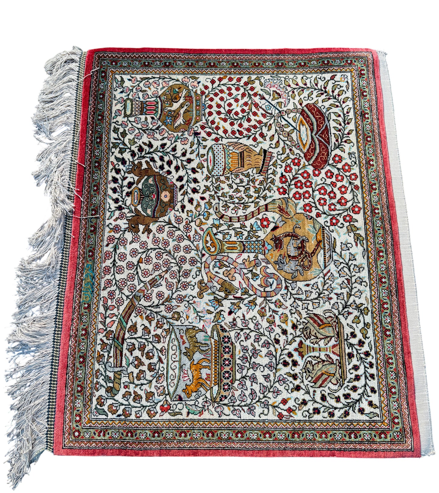 Superfine pure silk Qum pictorial rug, circa 1980, 76x60cm | Rug# 6417