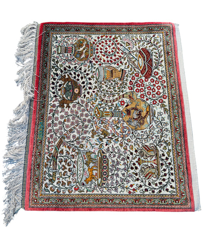 Superfine pure silk Qum pictorial rug, circa 1980, 76x60cm | Rug# 6417
