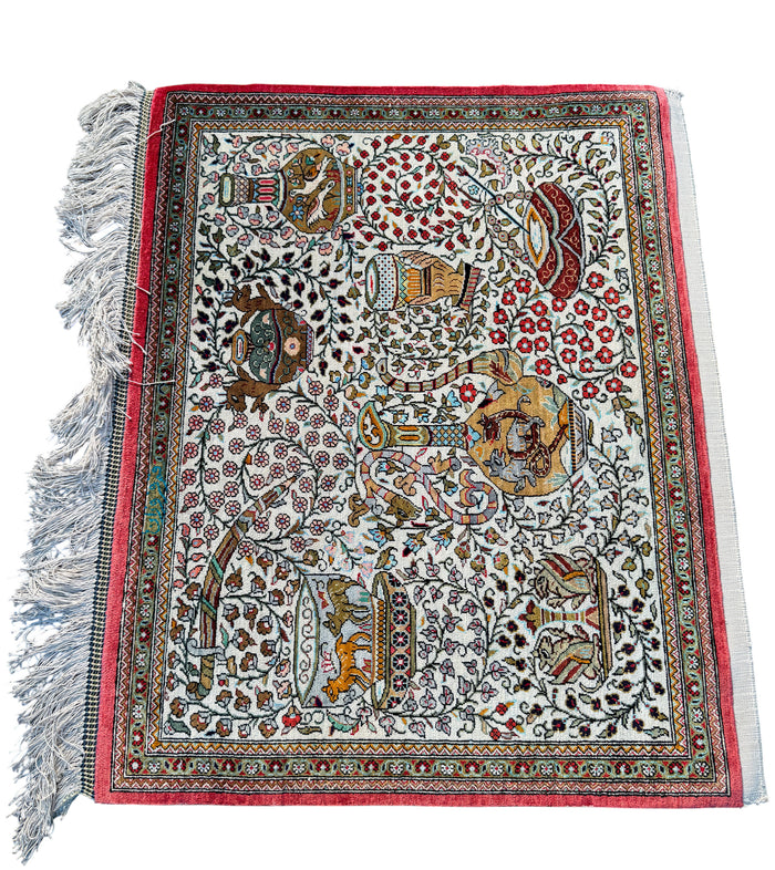 Superfine pure silk Qum pictorial rug, circa 1980, 76x60cm | Rug# 6417