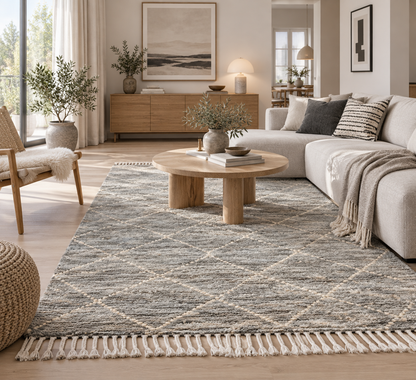 A large rectangular area rug with a woven geometric diamond pattern in gray, beige, and off-white, featuring a cream fringe along the bottom edge. The rug is styled in a bright, modern living room with a light gray sectional sofa, a round wooden coffee table, and neutral decor.