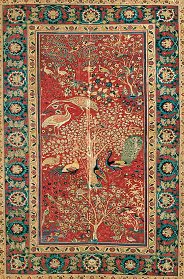 Carpet with bird couples in a landscape, Lahore, c. 1600, cotton, wool, 233 x 158 cm (The Museum of Applied Arts, Vienna)