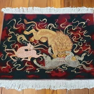 Rug# 20011, Tehran weave Tabriz knots, Arabzadeh Studio, Hunting scene c.1975,collectable, size 75x54 cm, RRP$1500, on special $550 (2)