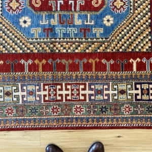 Rug# 26025, Afghan Turkaman weave, handspun wool pile, vegetable dyes, Kazak design, c.2010, size 273x181 cm, RRP $3000, on special $1200 (3)