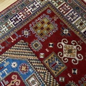 Rug# 26025, Afghan Turkaman weave, handspun wool pile, vegetable dyes, Kazak design, c.2010, size 273x181 cm, RRP $3000, on special $1200 (4)