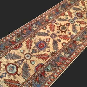 Rug# 26037, Afghan Turkakan weave, 19th c Caucasian inspired, HSW, veg dyes, size 391x77 cm (3)