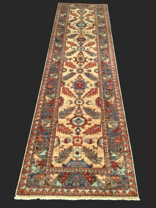 Rug# 26037, Afghan Turkakan weave, 19th c Caucasian inspired, HSW, veg dyes, size 391x77 cm