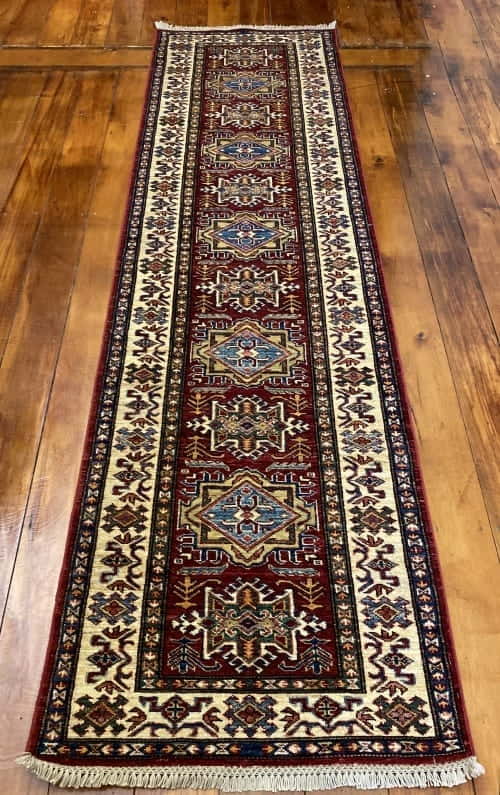 Rug# 24747, Afghan Chechen weave 19th c Kazak design, hand spun wool, vegetable dyes, size 290x81 cm RRP $2400, Special $950