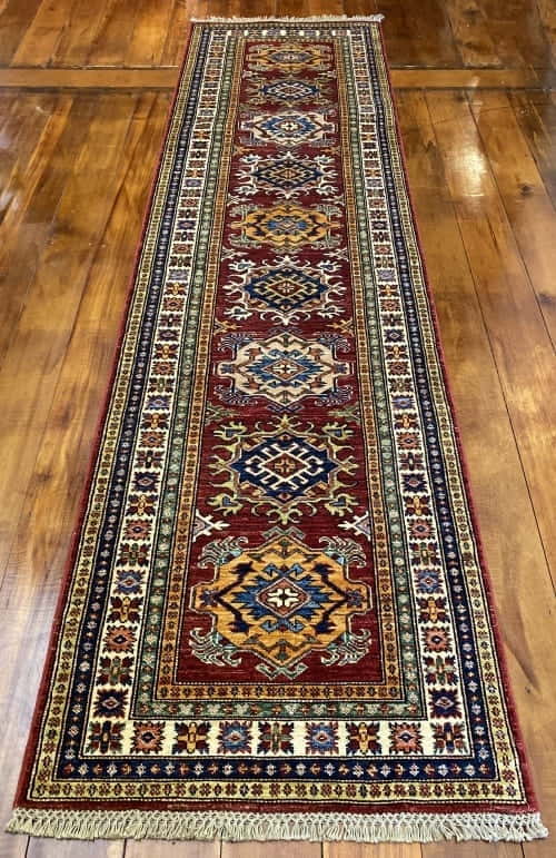 Rug# 24749, Afghan Chechen weave 19th c Kazak design, hand spun wool, vegetable dyes, size 303x82 cm RRP $2400, Special $950