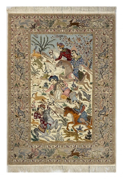 Rug# 10098, Masterweaver Pictorial Isfehan, c.1980, silk base and inlay, 900,000 KPSQM, Persia, size 224x140 cm (2)