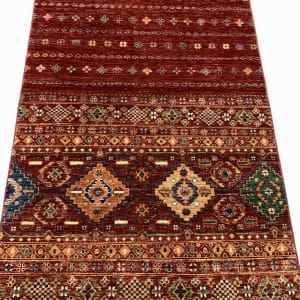 Rug# 26393. Afghan Turkaman, Khorjeen design, woven by women artisans, HSW, Veg dyes, Size 606x98 cm (2)