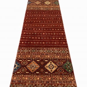 Rug# 26393. Afghan Turkaman, Khorjeen design, woven by women artisans, HSW, Veg dyes, Size 606x98 cm