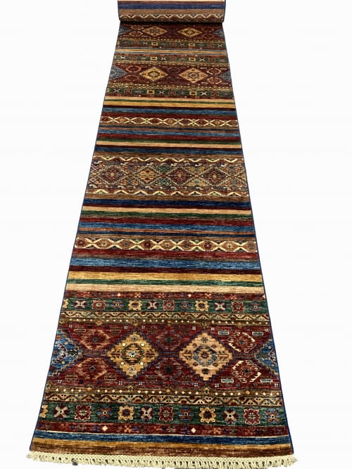 Rug# 26394. Afghan Turkaman, Khorjeen design, woven by women artisans, HSW, Veg dyes, Size 1205x95 cm