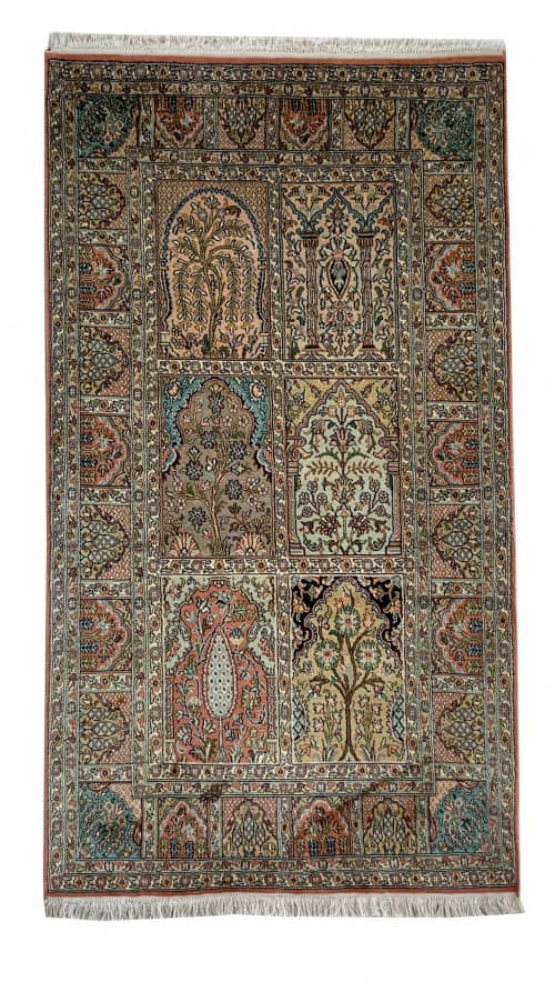 Rug# 31204, Fine Srinagar, 100% silk pile on a cotton warp and weft, Garden design, Kashmir , India, Size 160x92 cm (2)