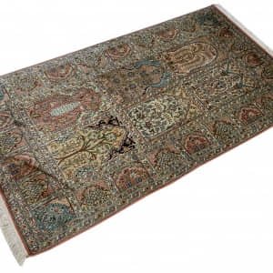 Rug# 31204, Fine Srinagar, 100% silk pile on a cotton warp and weft, Garden design, Kashmir , India, Size 160x92 cm (3)