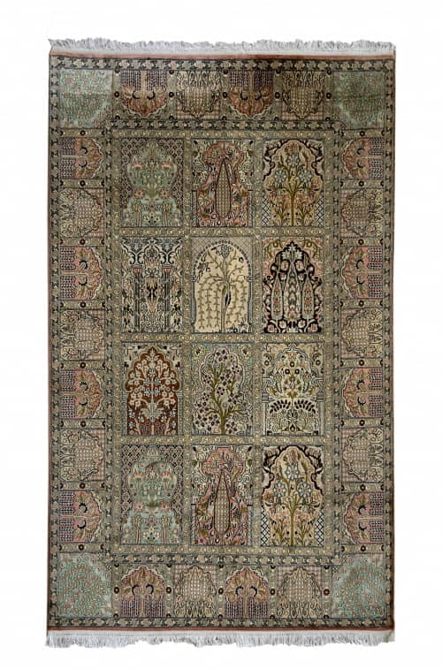 Rug# 31209, Fine Srinagar, 100% silk pile on a cotton warp and weft, Garden design, Kashmir , India, Size 208x123 cm (2)