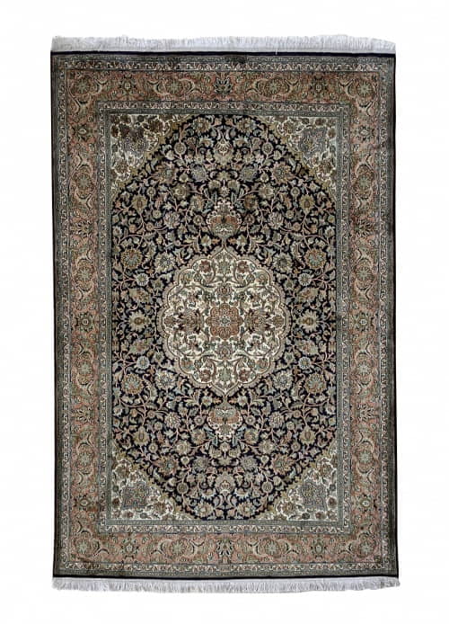 Rug# 31215, Fine Srinagar, 100% silk pile on a cotton warp and weft, Classic Corner and Medallion , Kashmir , India, Size 186x127 cm