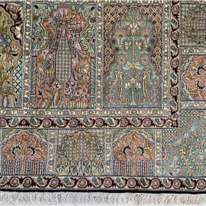 Rug# 31219, Fine Srinagar, 100% silk pile on a cotton warp and weft, Garden design, Kashmir , India, Size 211x155 cm (5)