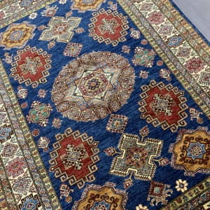 Rug# 26227, Very fine Afghan Chechen weave, antique Kazak design, hand spun wool pile, Size 241x177 cm (2)
