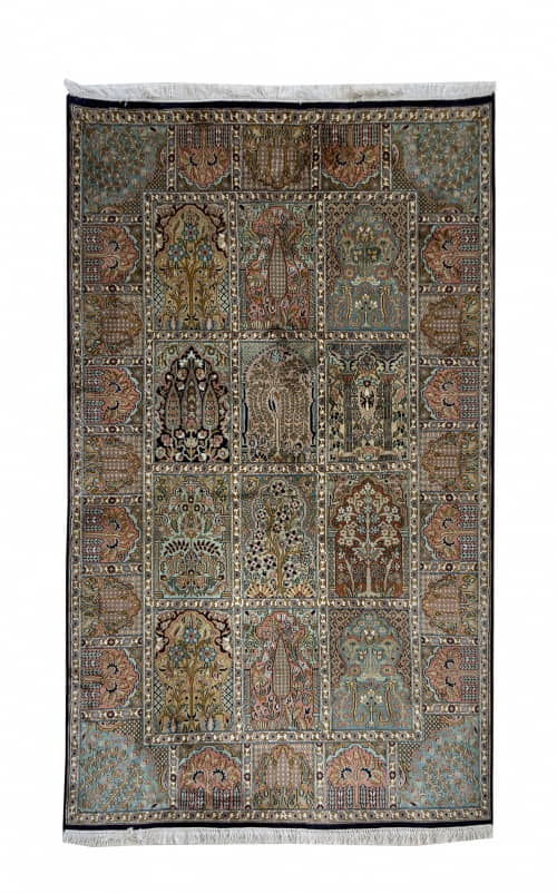 Rug# 31208, Fine Srinagar, 100% silk pile on a cotton warp and weft, Garden design, Kashmir , India, Size 198x120 cm (2)