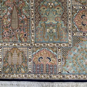 Rug# 31208, Fine Srinagar, 100% silk pile on a cotton warp and weft, Garden design, Kashmir , India, Size 198x120 cm (4)