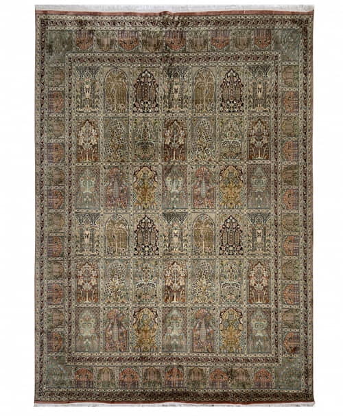 Rug# 31230 Fine Srinagar, 100% silk pile on a cotton warp and weft, Garden design, Kashmir , India, Size 305x238 cm (2)