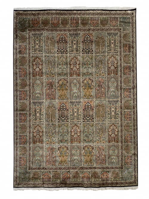 Rug# 31233 Fine Srinagar, 100% silk pile on a cotton warp and weft, Garden design, Kashmir , India, Size 293x250 cm (2)