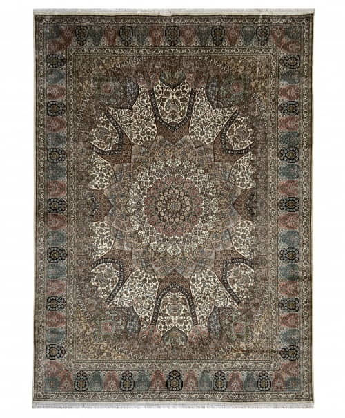Rug# 31235, Fine Srinagar, 100% silk pile on a cotton warp and weft, Classic Corner and Medallion design , Kashmir , India, Size 366x243 cm