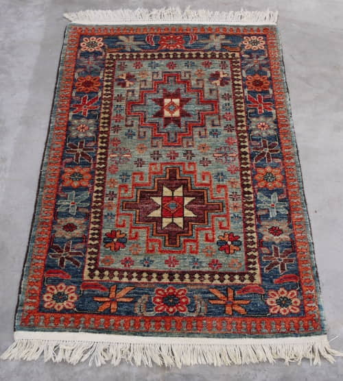 Rug# 26455 Afghan Turkaman weave , circa 2010, vegetable dyes, all wool, 19th c Caucasian inspired, size `132x84 cm (2)